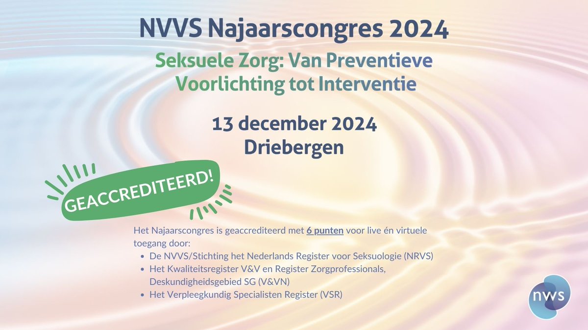 Over zes weken zal het NVVS Najaarscongres plaatsvinden in Driebergen.

Met inspirerende lezingen en praktische workshops biedt dit congres concrete handvatten voor het leveren van optimale seksuele zorg.

Mis het niet en schrijf je vandaag nog in!

#seksuologie #congres