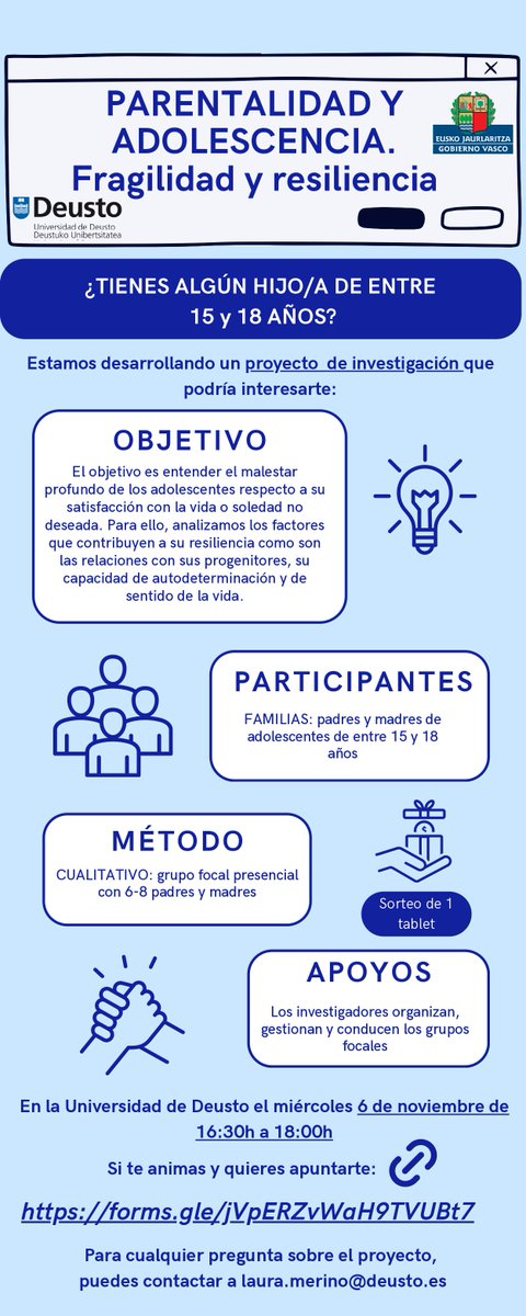 DeustoFamPsych's tweet photo. 📢 ¿Eres padre/madre de un #adolescente de 15-18 años? ¡Participa en nuestro grupo de reflexión sobre #parentalidad y #adolescencia!
🗓️ 6 nov. 2024, 16:30h - 18:00h
📍 @deusto
🎁 Sorteo de una tablet para participantes
📩 Inscripción: https://t.co/FfK6oI2hFC
@DeustoResearch https://t.co/d1JIYEEDq8