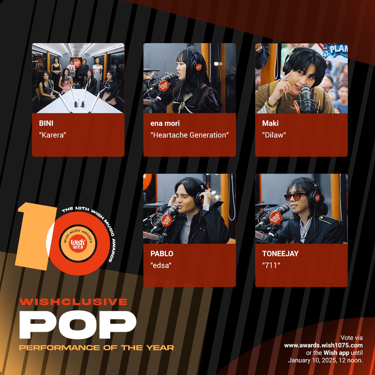 wish1075's tweet photo. Wishclusive Pop Performance of the Year
•BINI - "Karera"
•ena mori - "Heartache Generation"
•Maki - "Dilaw"
•PABLO - "edsa"
•TONEEJAY - "711" https://t.co/VApwz0jSKC