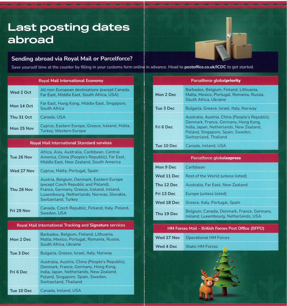 Posting Letters, Cards and Gifts over the Festive period ? 
Here's a message from the Post Office with their Last Posting Dates