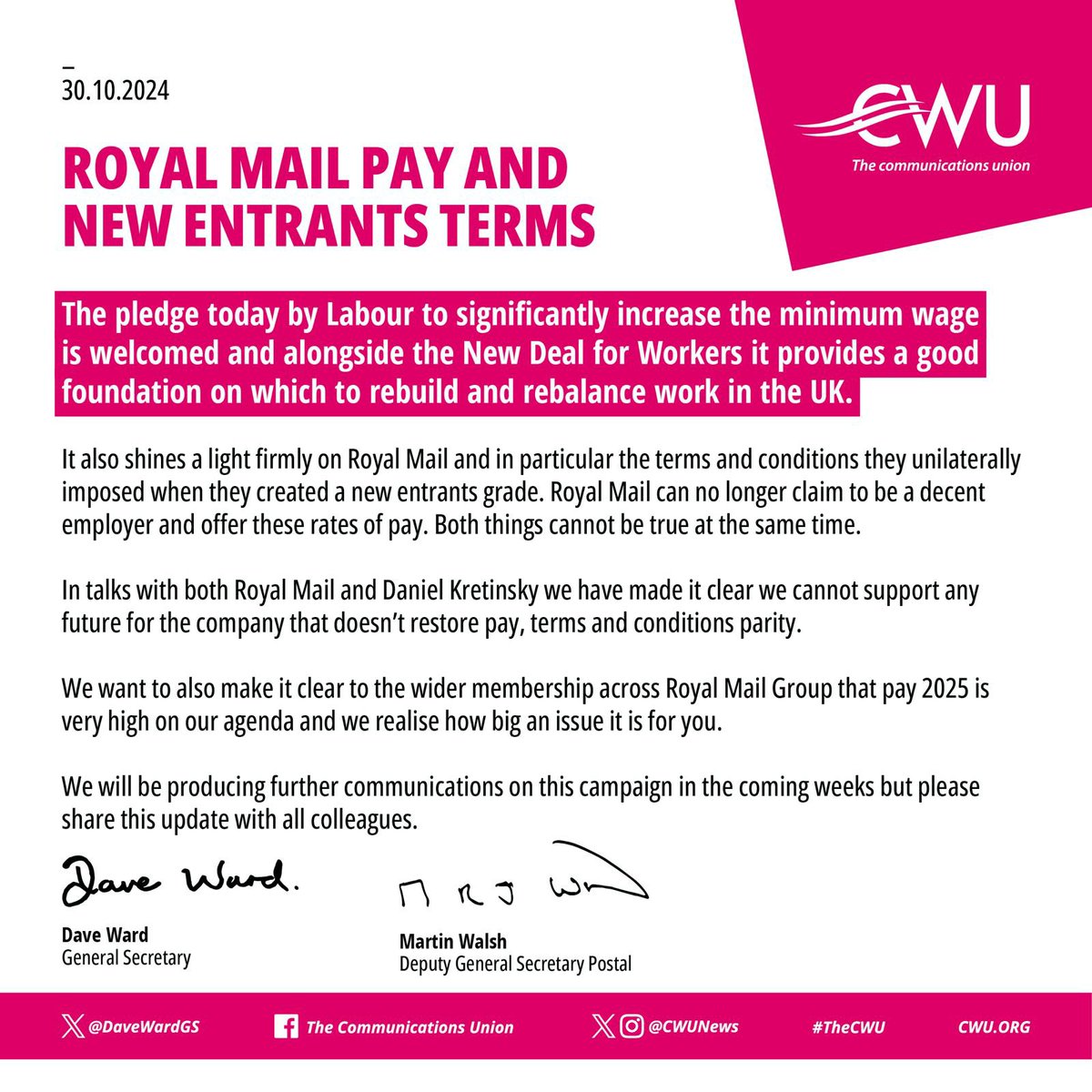 Royal Mail Pay and New Entrants Terms - CWU response to government pledge to raise minimum wage. 

Please share with colleagues.