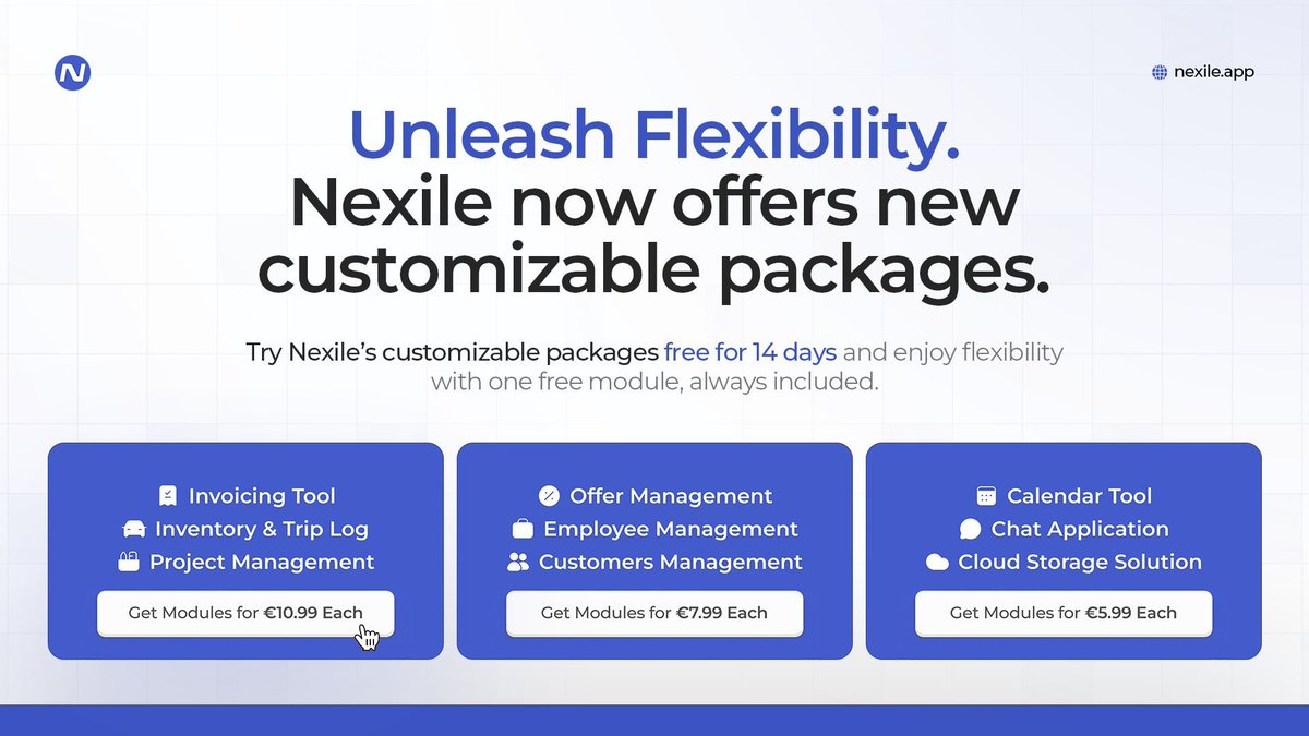 nexileapp's tweet photo. 🚀 New Nexile pricing! Modules start at just €5.99. Customize your toolkit, pay only for what you need, and enjoy 14 days free! One free module is always included. 

Check it out ➡️ https://t.co/jvMd4QCa76 

#NexileApp #SaaS #crm #erp #startup #ProjectManagement #invoicing https://t.co/pXRY1pbvZU