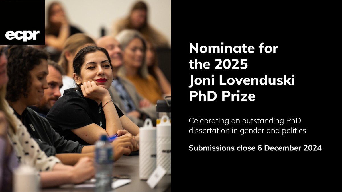 European Consortium for Political Research (@ecpr) on Twitter photo ๐ก Know someone who has produced an outstanding #PhD dissertation in #gender & #politics?
๐ Honour them with our Joni Lovenduski PhD Prize & the ยฃ900 prize fund, awarded with <a href="/ECPR_Gender/">ECPR Standing Group on Gender and Politics</a>
โณ Nominate by 6 Dec ๐ ecpr.eu/prizes/joni-loโฆ ๐ก Know someone who has produced an outstanding #PhD dissertation in #gender & #politics?
๐ Honour them with our Joni Lovenduski PhD Prize & the ยฃ900 prize fund, awarded with <a href="/ECPR_Gender/">ECPR Standing Group on Gender and Politics</a>
โณ Nominate by 6 Dec ๐ ecpr.eu/prizes/joni-loโฆ