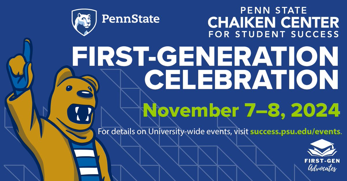 PSUPsychology's tweet image. First-Generation Celebrations November 7-8, 2024! Celebrate the achievements of first-generation students, faculty, staff, and alumni at Penn State. For more info and list of #PSUFirstGen efforts happening across the University, please visit success.psu.edu/events.