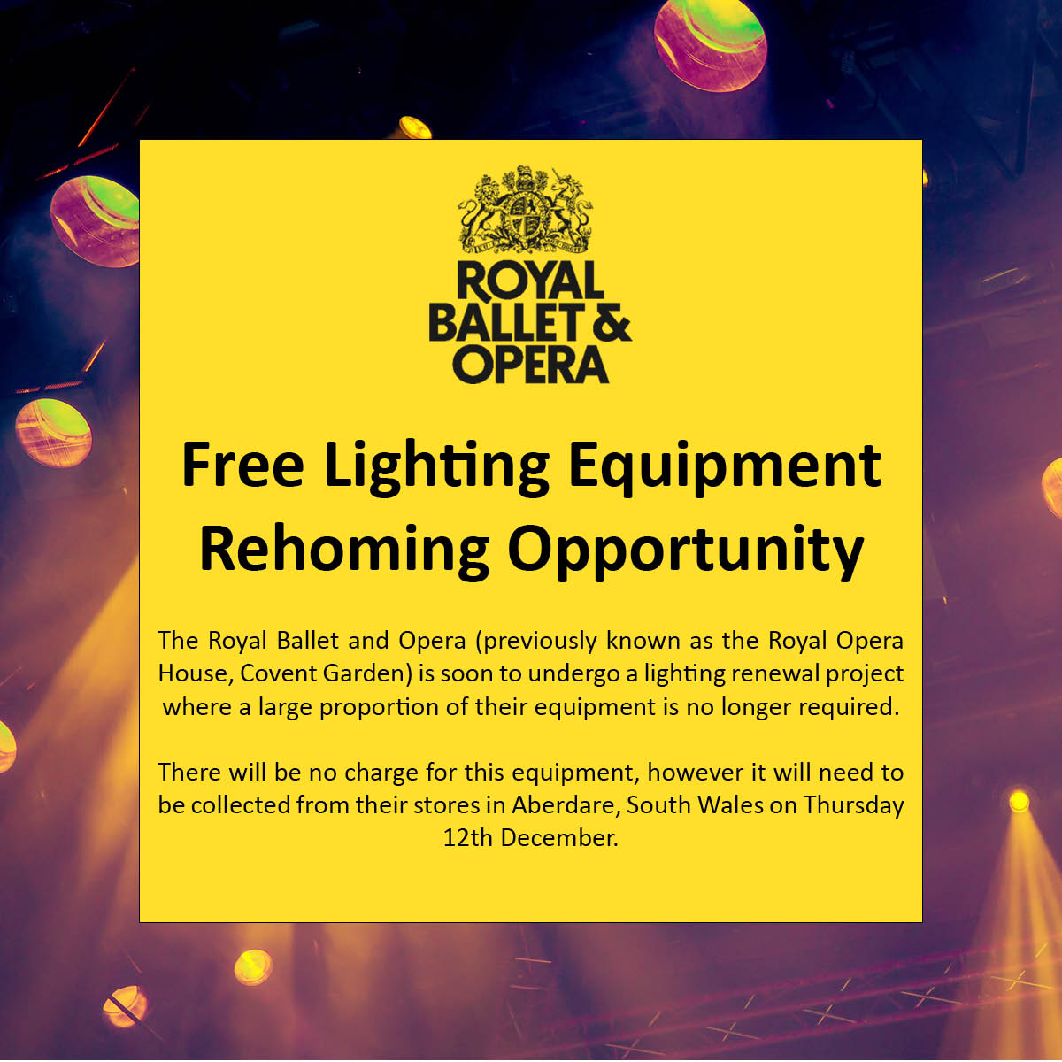 The Royal Ballet &amp; Opera is offering free, lovingly-cared for lighting equipment! Collection from Aberdare, South Wales, on Thurs 12 Dec. This is the first of several upcoming rehomings. 

Find out more here: abtt.org.uk/royal-ballet-a…

#Theatre #TheatreLighting #LightingTech