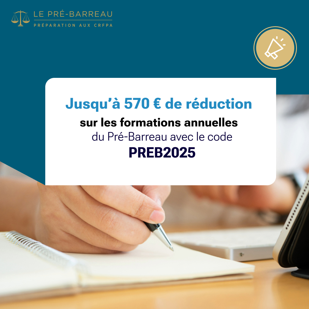PreBarreau's tweet photo. 🎉 Profitez de notre nouvelle vague de réductions pour préparer l'examen #CRFPA avec nos formations annuelles e-learning et présentielles ! 🎯
💡 Code promo : PB2025
 ⏳Offre valable jusqu'au lundi 18 novembre 2024.
Inscription 👉https://t.co/26ca59qjco
#crfpa #CRFPA2025 https://t.co/rAjzSGsu1Q