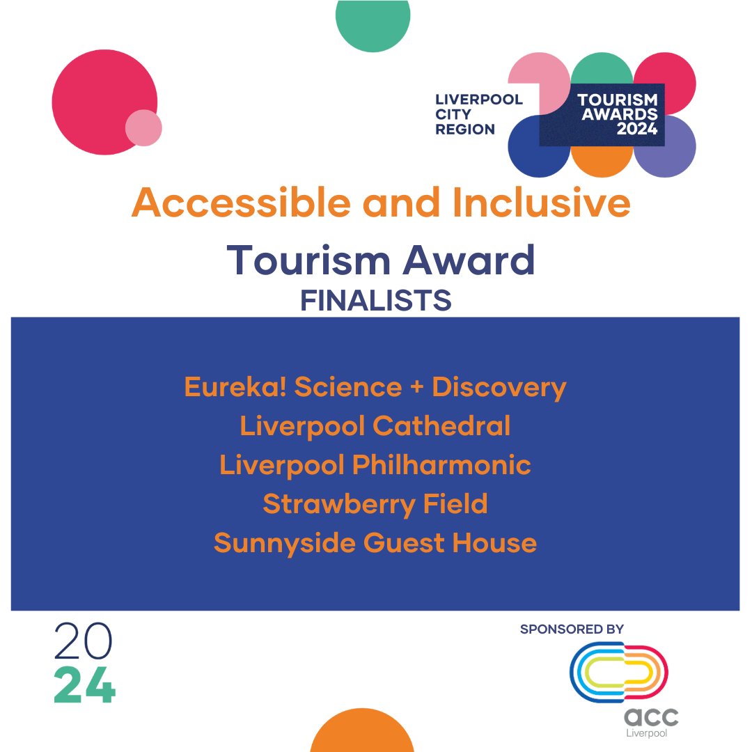 LCR Tourism Awards (@lcrtourismaward) on Twitter photo Congratulations to the finalists in the Accessible and Inclusive Tourism Award sponsored by <a href="/ACCLiverpool/">ACC Liverpool</a> #LCRTA24 <a href="/EurekaDiscover/">Eureka! Science + Discovery</a> <a href="/LivCathedral/">Liverpool Cathedral</a> <a href="/liverpoolphil/">Royal Liverpool Philharmonic</a> <a href="/strawberryfield/">Strawberry Field Liverpool</a> #SunnysideGuestHouse Congratulations to the finalists in the Accessible and Inclusive Tourism Award sponsored by <a href="/ACCLiverpool/">ACC Liverpool</a> #LCRTA24 <a href="/EurekaDiscover/">Eureka! Science + Discovery</a> <a href="/LivCathedral/">Liverpool Cathedral</a> <a href="/liverpoolphil/">Royal Liverpool Philharmonic</a> <a href="/strawberryfield/">Strawberry Field Liverpool</a> #SunnysideGuestHouse