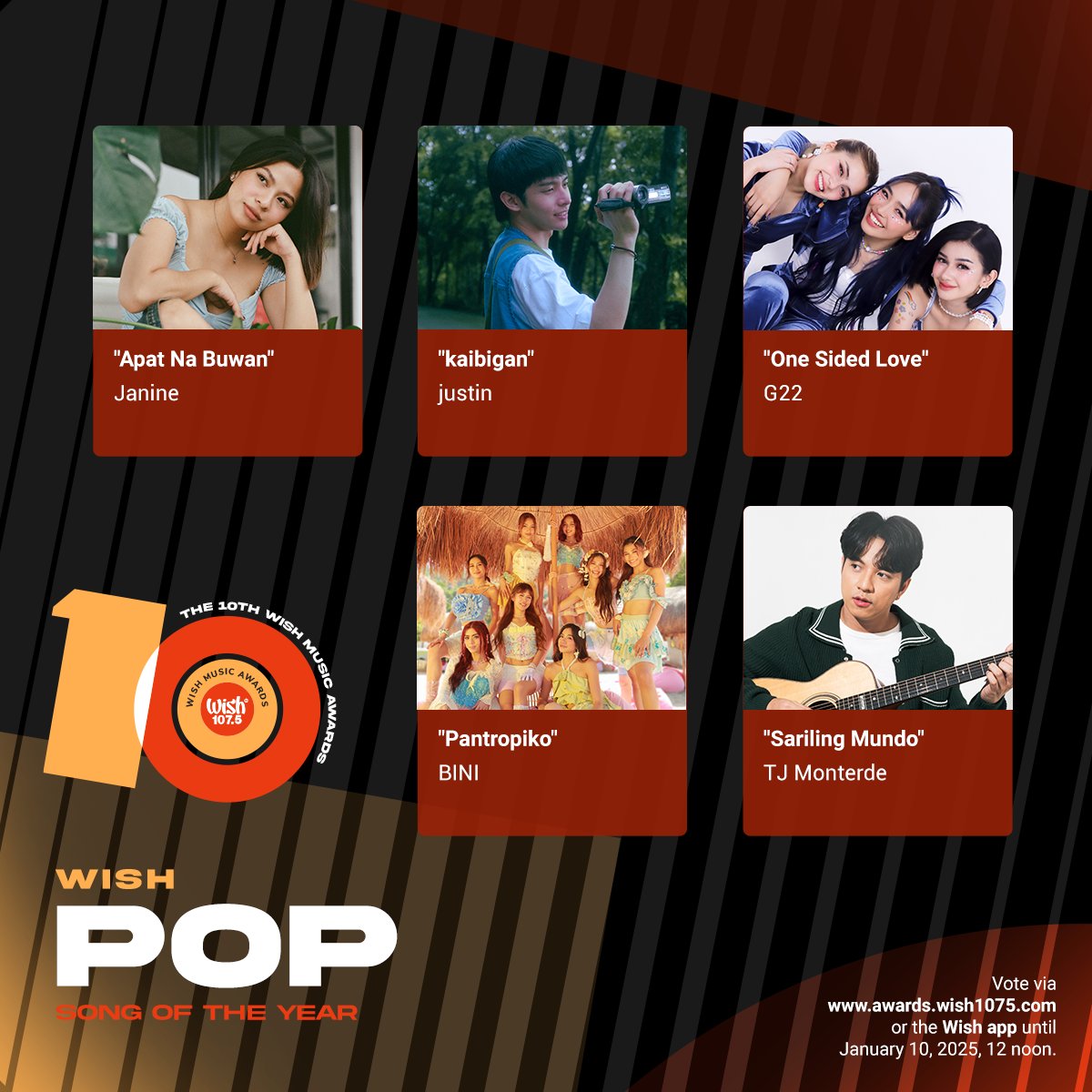 wish1075's tweet photo. Wish Pop Song of the Year
•"Apat Na Buwan" - Janine 
•"kaibigan" - justin
•"One Sided Love" - G22
•"Pantropiko" - BINI
•"Sariling Mundo" - TJ Monterde https://t.co/ldjGlWxBD3