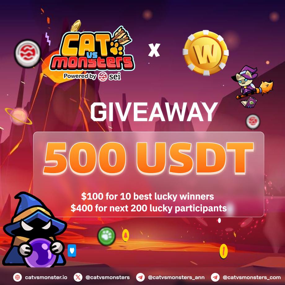 🎉 Wcoin x Cat vs Monsters 500 USDT Giveaway!

🎁 We are excited to announce that <a href="/WcoinGame/">WcoinGame</a> is giving away 500 USDT for Cat vs Monsters community!

📌 How to join:
1. Follow <a href="/WcoinGame/">WcoinGame</a> and Cat vs Monsters on Twitter.

2. Login to the bot: t.me/Whatsgamesbot/…

3. Like, RT and