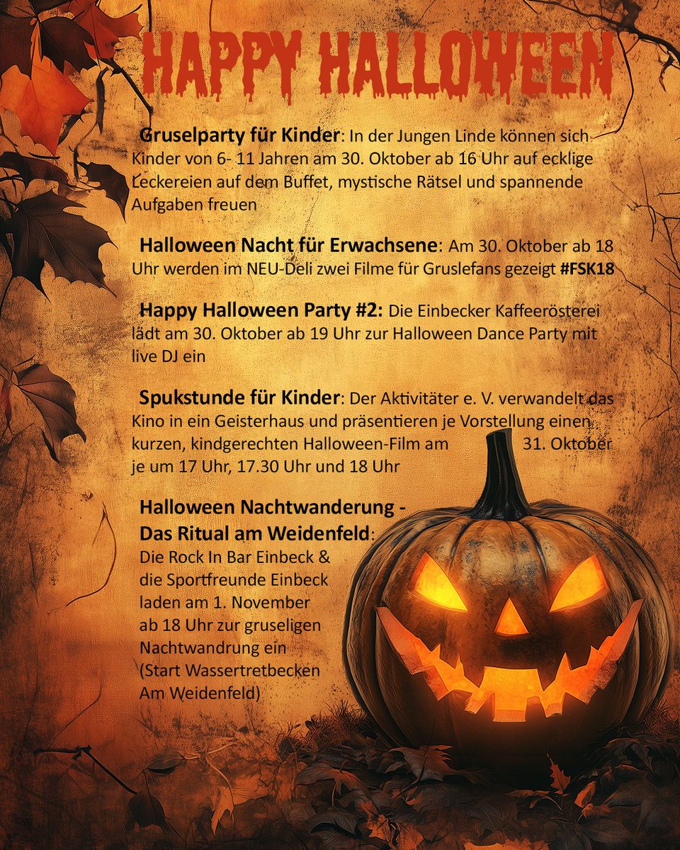 EMGmbH's tweet photo. 🧙‍♀️🧌🧝Kleine und große Gruselfans aufgepasst🧟🧛‍♂️🧙‍♂️!
Hier kommt die Halloween-Veranstaltungstipps für die kommenden Tage 👇👻
#Einbeck #Einbeckerleben #SüßessonstgibtsSaures #Halloween #Party #gruselig https://t.co/ct6MbmHzjV