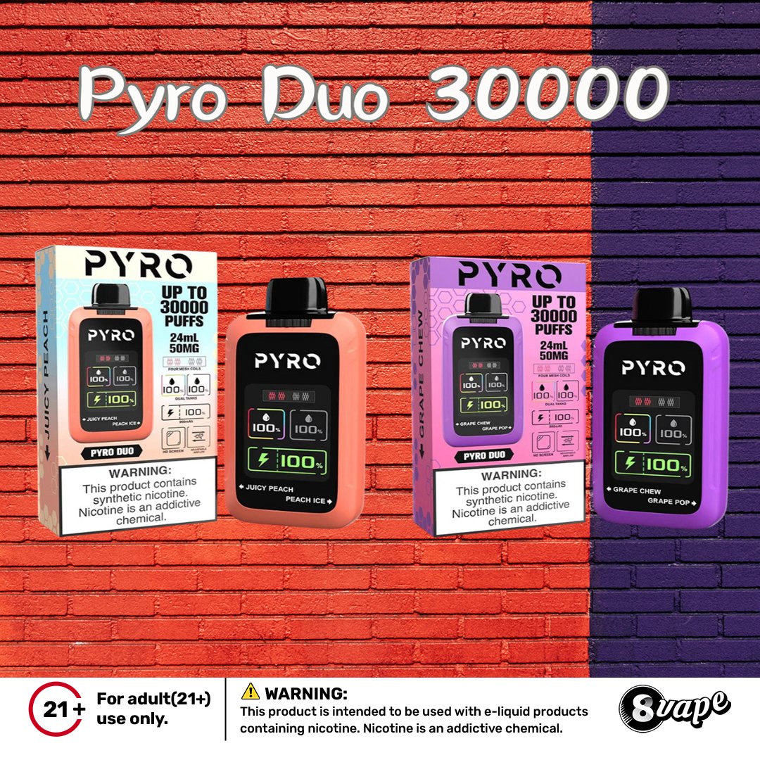 EightVape's tweet photo. π₯ New: Pyro Duo 30K! π₯
Up to 30,000 puffs with a powerful 900mAh battery and 24ml capacity! Adjustable airflow and four mesh coils for the perfect hit. ππ
https://t.co/acet8EQWyu
#PyroDuo #VapeLife #CloudChasers #VapeCommunity #VapeOn #FlavorChaser #VapeMods #VapeFam https://t.co/JJyTb0JO7e