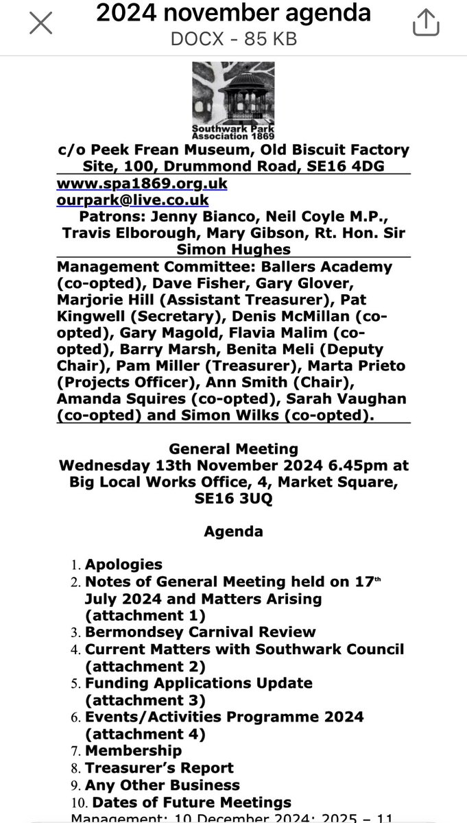 Up coming events 
#SouthwarkParkAssociation 

General Meeting Wed 13/11 - Venue Big Local Works for hosting

Rotherhithe Comm Levy -6th Nov where you can put forward ideas to improve Southwark Park.

Rally Festival/de-brief at BOSCO, 281, Jamaica Road on5th Nov 12- 2pm &amp; 5-8pm.