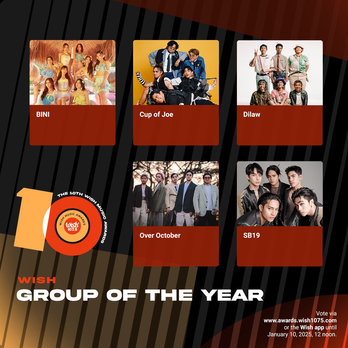 wish1075's tweet photo. Wish Group of the Year
•BINI
•Cup of Joe
•Dilaw
•Over October
•SB19 https://t.co/JFfArkGOmM