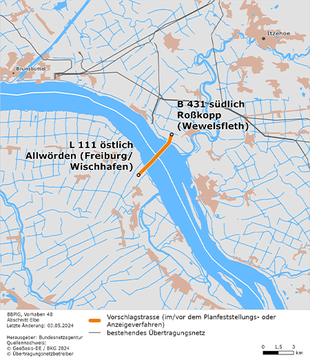 #KorridorB: Wir haben den #Untersuchungsrahmen für den Abschnitt der Elbquerung zwischen #Wewelsfleth und #Wischhafen festgelegt. Der Untersuchungsrahmen bestimmt, welche Unterlagen <a href="/Amprion/">Amprion</a> für das weitere #Planfeststellungs­verfahren erstellen muss. ➡️netzausbau.de/Vorhaben48-elbe