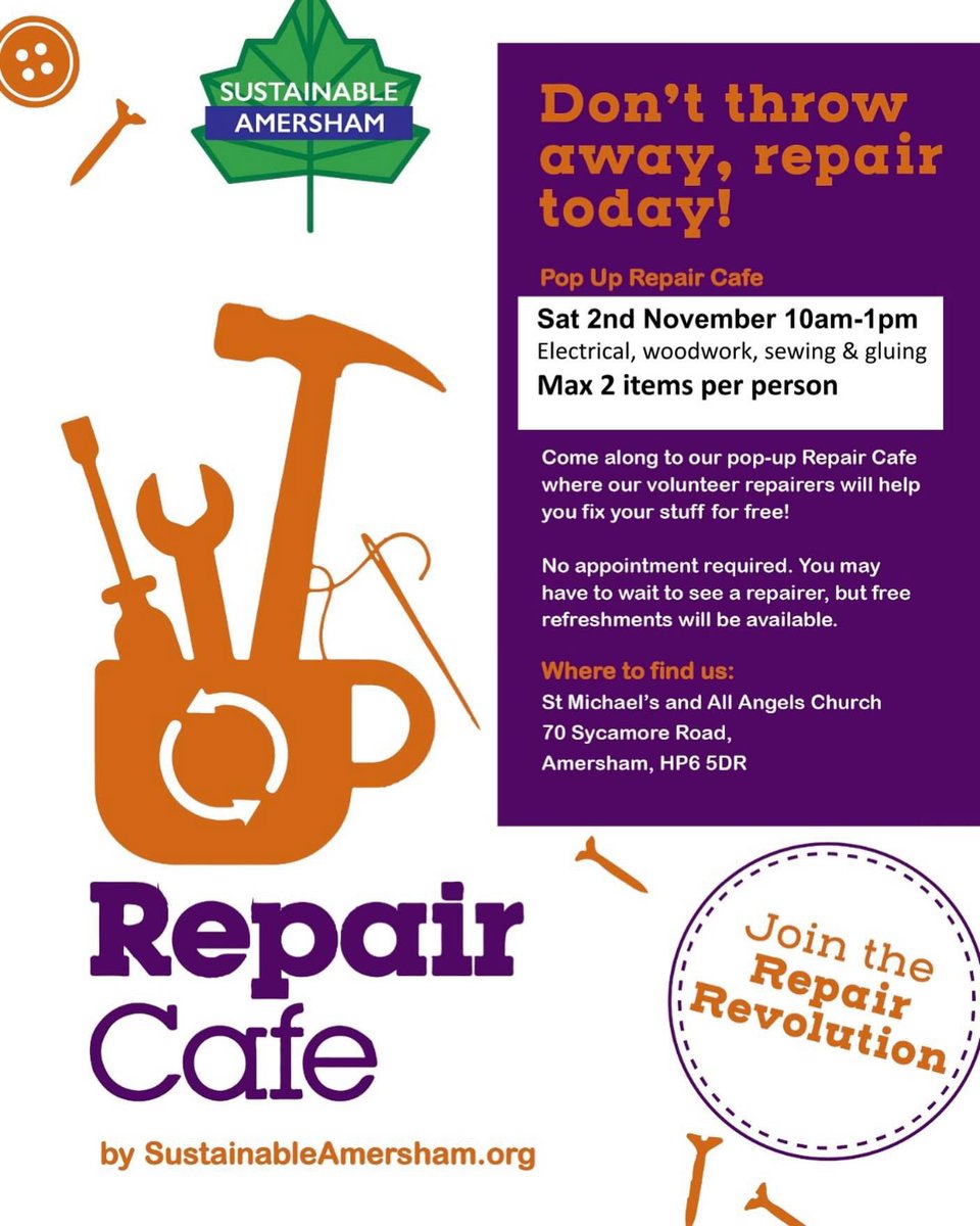 Bring your repairs to the 2 November repair café. 10am-1pm at St Michaels Church, Amersham this Saturday. Cake and cuppa free of charge
#repair #buckinghamshirerecycles #amersham #sustainable #reducereuserecycle♻️