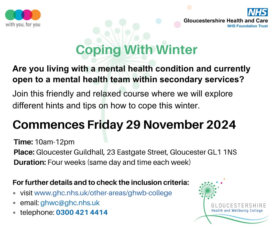 GlosHealthNHS's tweet image. Glos Health &amp;amp; Wellbeing College delivers educational courses &amp;amp; workshops teaching people the skills, techniques &amp;amp; knowledge to make them experts in their own recovery from long-term physical &amp;amp; mental health conditions👉 bit.ly/3Ae1IZs
@NHSGlos @gloshospitals @GlosCC