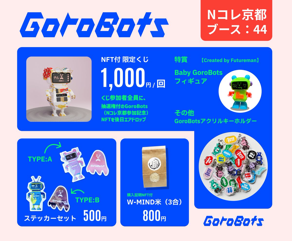 GoroBots2056's tweet image. Nコレ京都参加記念GoroBots
"Zen Garden Chill"をリリース🚀
0.00156eth（Polygon）
👇
gorobots.miem.work/kyoto/

ミントした方は抽選で運営保有分の各種GoroBotsや謎のオレンジTicket等が当たるチャンス🎁

会場限定くじでは @Futureman_3 さん制作の Baby GoroBotsフィギュアが当たるチャンスも🔥🔥