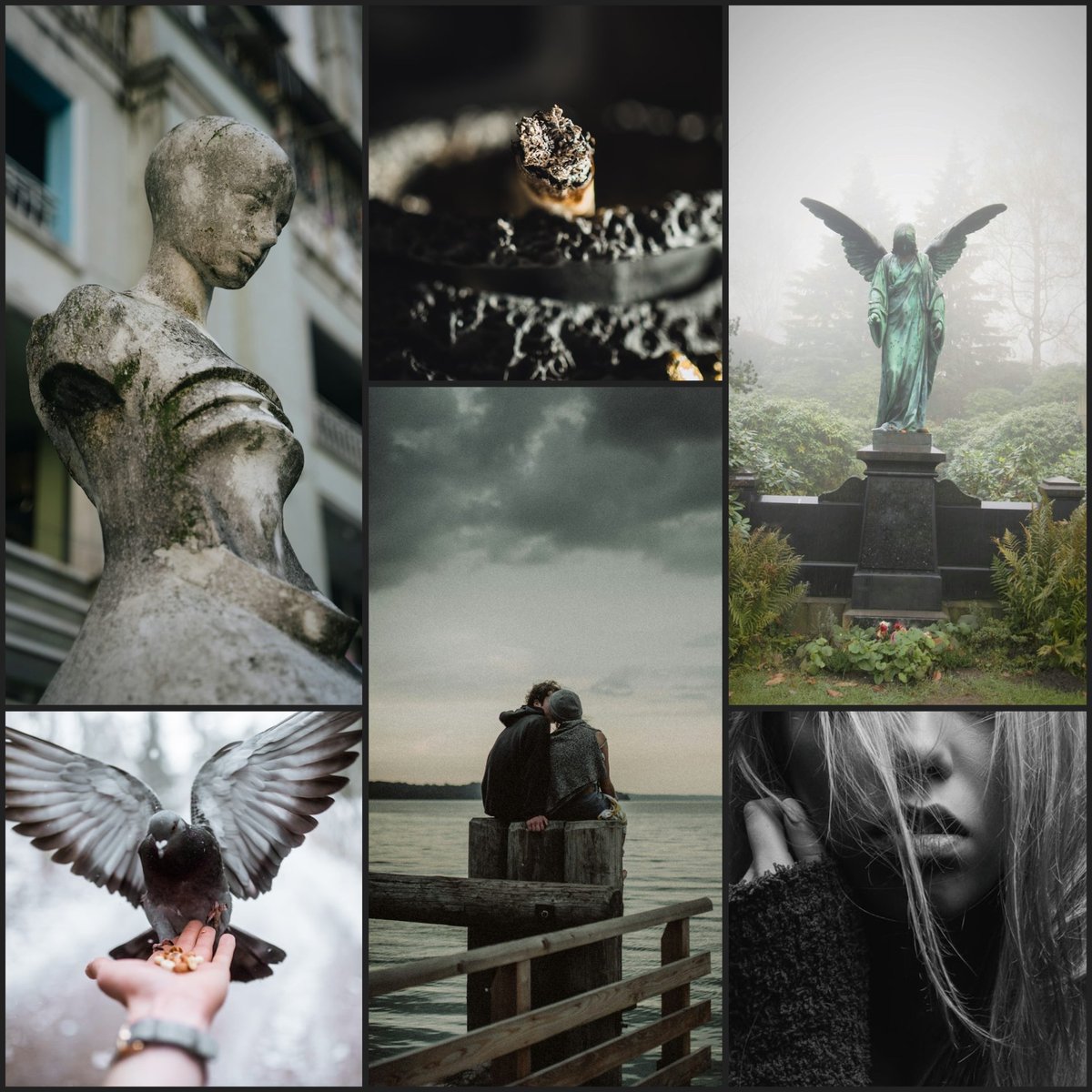 Moodboard with angel statues, a pigeon landing in someone's hand, a couple on a jetty, a burning cigarette, and a portrait of a girl 