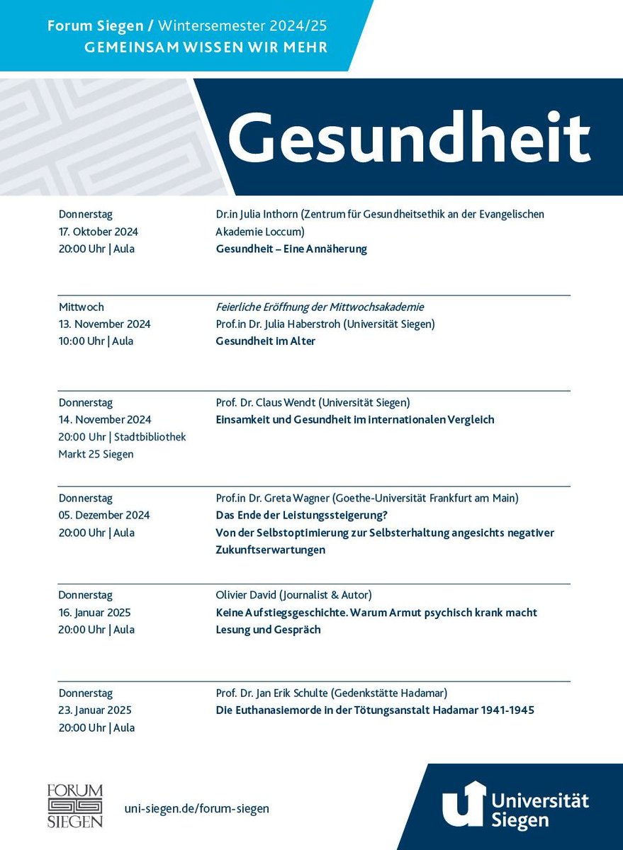 Forum Siegen (@forumsiegen) on Twitter photo Das Programm für das Wintersemester 2024/25 ist da und bereits in vollem Gange:
GESUNDHEIT!
Weitere Informationen: 👇👇👇
<a href="/UniSiegen/">Universität Siegen</a> <a href="/SoWiUniSiegen/">Sozialwissenschaften</a> <a href="/stadt_siegen/">Stadt Siegen</a> Das Programm für das Wintersemester 2024/25 ist da und bereits in vollem Gange:
GESUNDHEIT!
Weitere Informationen: 👇👇👇
<a href="/UniSiegen/">Universität Siegen</a> <a href="/SoWiUniSiegen/">Sozialwissenschaften</a> <a href="/stadt_siegen/">Stadt Siegen</a>
