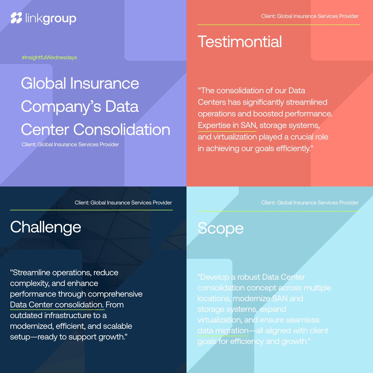 LinkGroup_co's tweet photo. The key to a smoother operation for insurance providers is #digitalization. By embracing advanced technologies, it is possible to streamline processes, enhance efficiency, and significantly reduce the complexity of management.

We are technology partners. Improving insurance firms' data management systems is one of the things we can do. Through strategic data center consolidation, our recent collaboration with a leading global insurer resulted in a 50% reduction in data center management complexity and improved operational efficiency.

What benefits will digitalization bring to the insurance industry? 📶

✅ Digital solutions make it easier for your team to focus on important decisions by analyzing all existing data.

✅ You can quickly access and analyze information from various sources, improving response times and customer service.

✅ With integrated backup systems, you are assured of reliable data recovery and protection against loss.

❓ Questions? We're happy to help you. Leave a comment below or send us a message via LinkedIn or our website 💬

Would you like to see more use cases? You can find it here ➡️ https://t.co/pXKrnKUhNj.

#InsightfulWednesdays #insurance #successtory