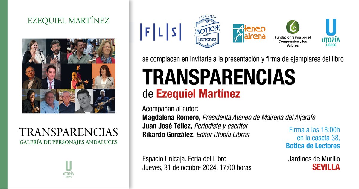Mañana jueves, Ezequiel Martinez  presentará su galería de personajes andaluces. TRANSPARENCIAS, en la <a href="/FLSevilla/">Feria Libro Sevilla</a>  de la mano de <a href="/LibreriaBotica/">Librería Botica de Lectores</a>.

¡Os esperamos!