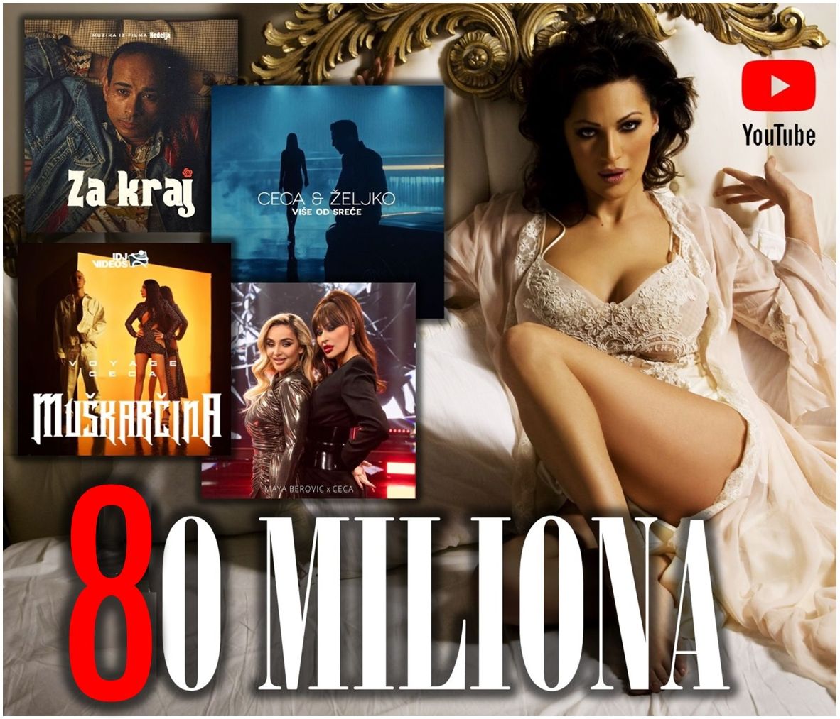 PressCeca's tweet image. 🔝CECA je ove godine objavila četiri singla - "Za kraj", "Ne računaj na mene", "Više od sreće" i "Muškarčina", koji su na Jutjubu stigli do 80 [OSAMDESET] miliona pregleda! 

#Ceca #ZaKraj #Muškarčina #NeRačunajNaMene #VišeOdSreće