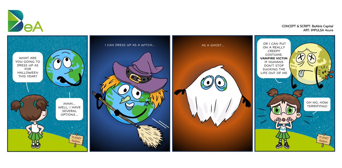 BeAbleCapital's tweet photo. #Halloween también llega a #PlanetBeAble, pero ni el disfraz de bruja ni el de fantasma asustan a #BeA. El que le aterroriza es el disfraz de la tierra si los humanos seguimos “chupándole la sangre”, utilizando sus recursos sin control. Pobre BeA, ¡no quiere ni verlo! https://t.co/RkGEXlmx7q