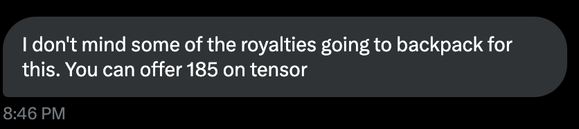 The Skull I bought yesterday was listed at 211 SOL. I sent a dm to the owner and proposed 185 SOL OTC, the max I could do.. He refused OTC.  He wanted <a href="/MadLads/">Mad Lads</a>  to get the royalties. 
So he asked me to bid for 185 SOL on Tensor and he paid the royalties. 

Lads way. We are one.