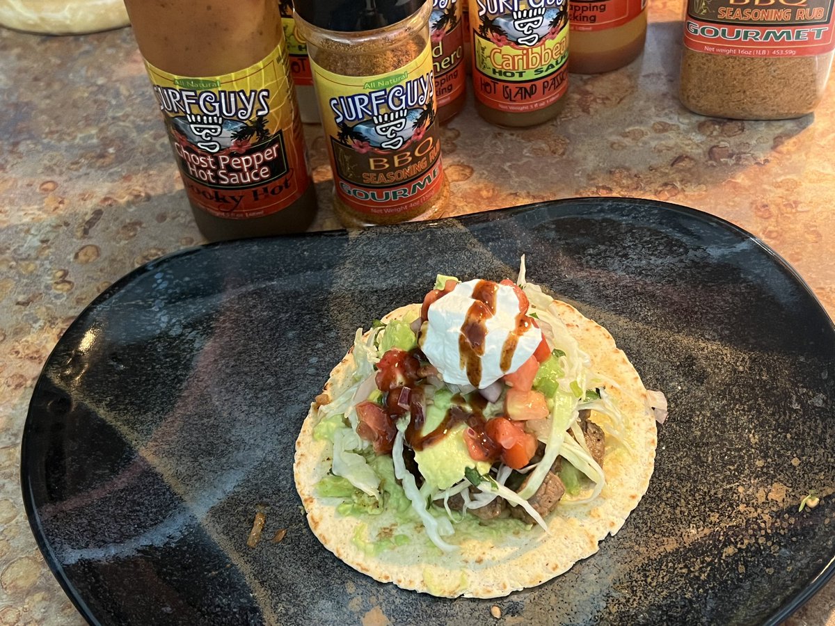 SurfguysHotSauc's tweet photo. Filet mignon taco with cilantro lime cabbage, pico de gallo, avocado, sour cream and kicked up with our ghost pepper hot sauce. Delish.
#TacoTuesday #surfguyshotsauces #filetmignon #hotsauce https://t.co/5QVJw65xCK
