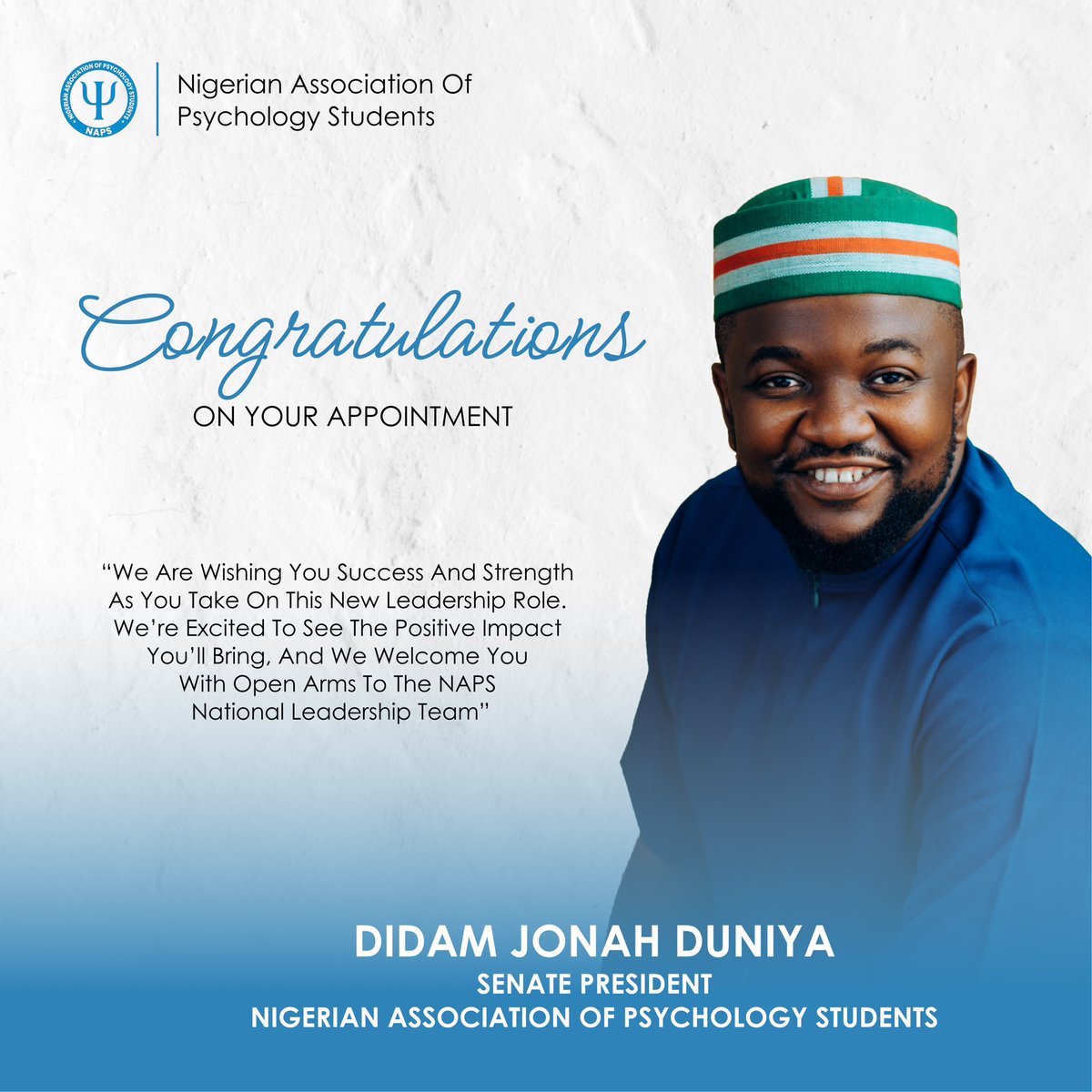 I am honored to announce that I’ve been appointed as the Senate President of the Nigerian Association of Psychology Students (NAPS) for the entire nation.

This is a huge milestone, not just for me but for all psychology students in Nigeria. 

I look forward to representing us