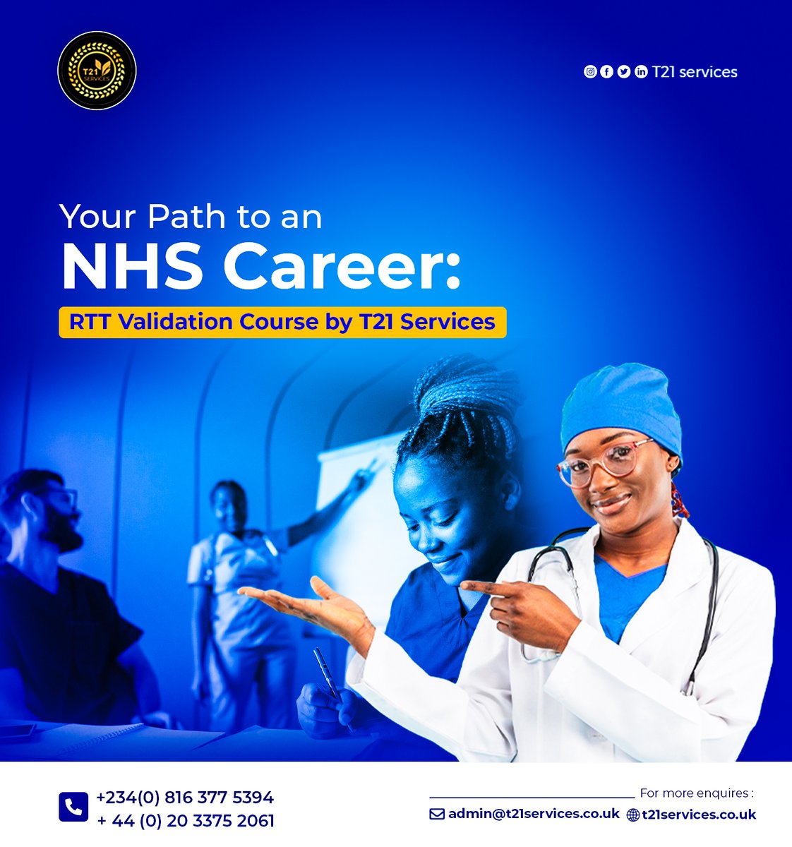 T21_Services's tweet photo. Dreaming of a career in healthcare? With our RTT Validation course, you can fast-track your way to an NHS job.
Join us, and let’s take that step together!
#CareerInHealthcare #NHS #RTTValidation #T21Services https://t.co/Jng1WF9n8u