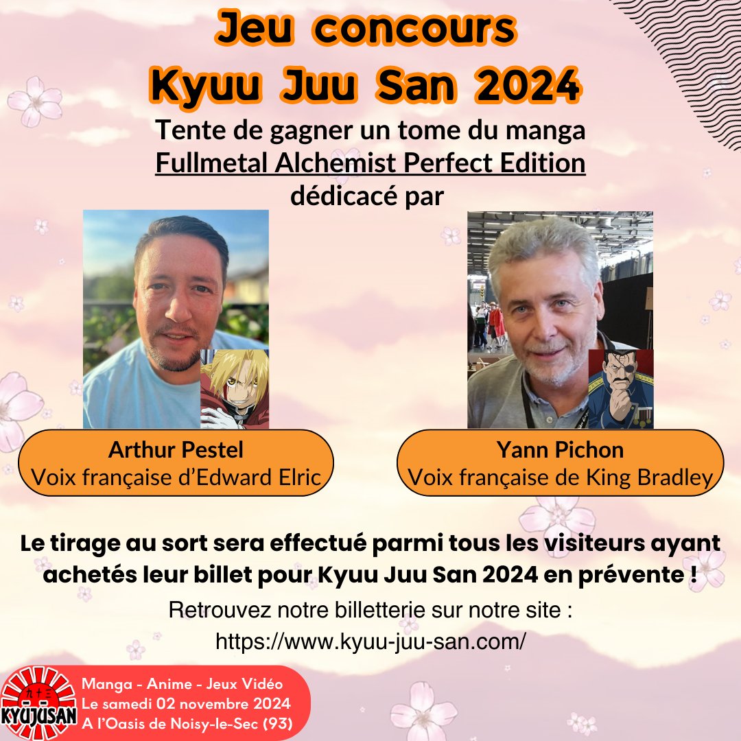 Tente de gagner un tome du manga Fullmetal Alchemist Perfect Edition dédicacé par Arthur Pestel (<a href="/arthur_pestel/">Pestel Arthur</a>) et Yann Pichon !

En achetant ton billet Kyuu Juu San en prévente, tu participes automatiquement au tirage au sort.

Billetterie ⬇️
kyuu-juu-san.com