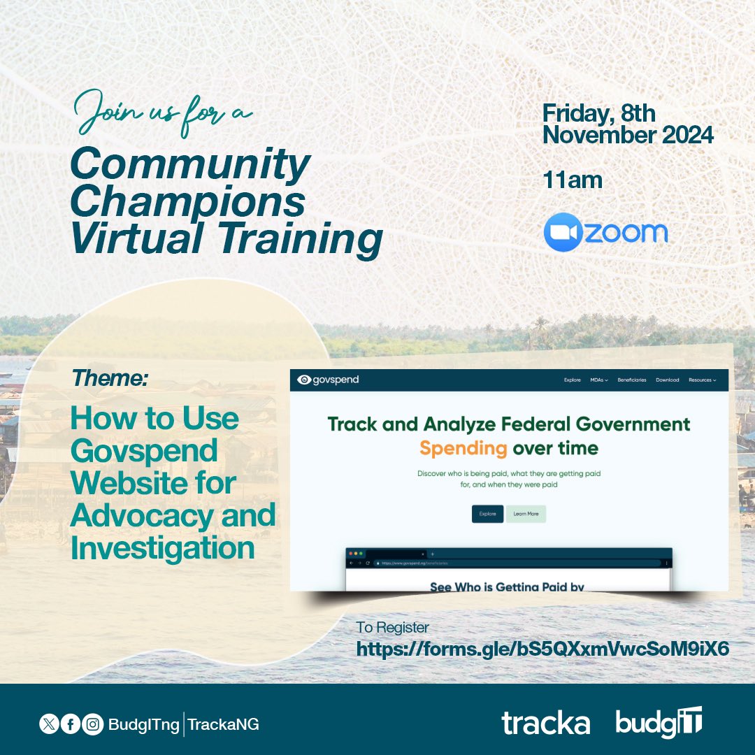 TrackaNG's tweet photo. Our Community Champions Training is back!!!

This month, we will be learning in practice, “How to Use Govspend Website for Advocacy and Investigation”

This workshop will teach you practical ways to track government spendings for your community projects! 

To be a part of this, Register via: https://t.co/nuZzlNMfDh

Date: Friday, 8th November 2024
Time: 11am
Venue: Zoom

See you there!!