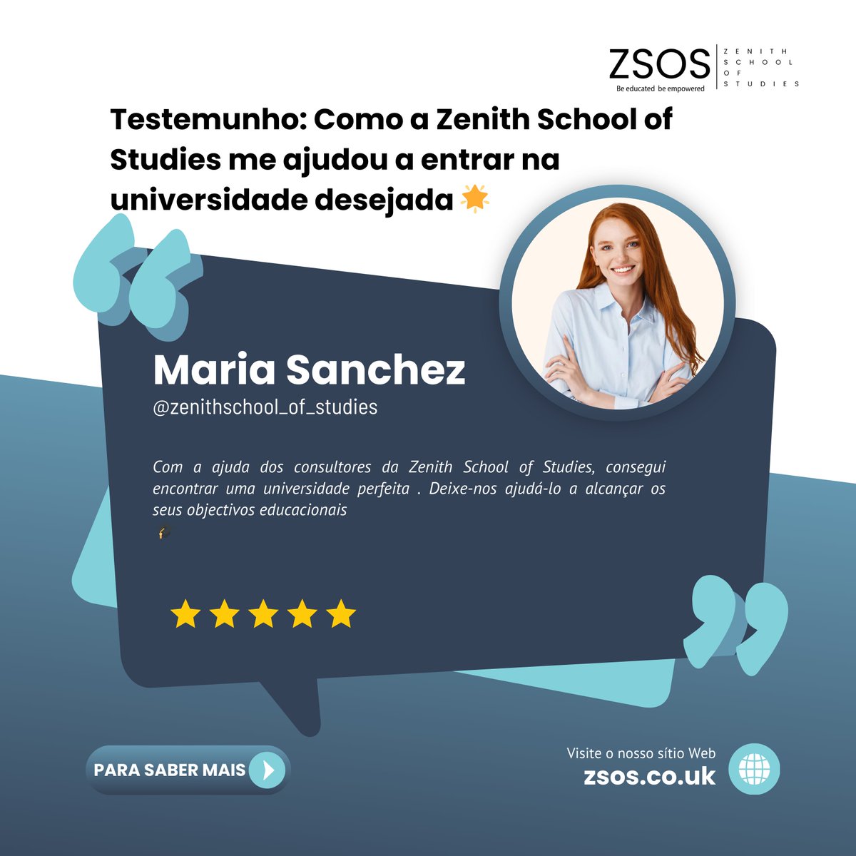 zenithschool_'s tweet photo. Com a ajuda dos consultores da Zenith School of Studies, consegui encontrar uma universidade perfeita.

Ajudaram-me durante todo o processo, passo a passo.

Obrigado, Zenith School of Studies!

#StudentSuccess #UniversityAdmission #ZSOSTestimonial #EducationConsulting https://t.co/wXXw3my6Hy