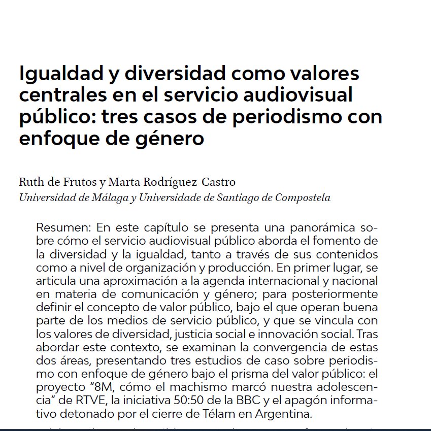 ruthdefrutos's tweet photo. 📕¡Feliz de participar en este libro coordinado por #IsaacMaroto @Cesarfieiras21 y #MiguelTúñez sobre el servicio audiovisual público! 
🔎@martarodcastro y yo hablamos de la importancia del enfoque de género en @rtve @bbc y @AgenciaTelam 
@lab_rtvees #5050Project #TelamSeDefiende https://t.co/jU7PzyGOsl