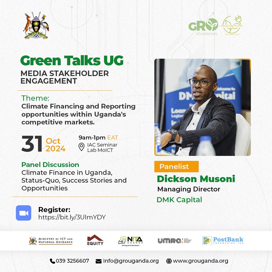 GRO Foundation Uganda (@grouganda) on Twitter photo #GreenTalksUG Media Stakeholder Engagement Edition!
<a href="/dmkcapital/">DMK Capital Ltd</a> will share experiences & lessons learned as a financial institution providing access to capital for green SMEs at grass-root level.
Register for Virtual Participation: bit.ly/3UlmYDY
#ESG #GreenTalksUG Media Stakeholder Engagement Edition!
<a href="/dmkcapital/">DMK Capital Ltd</a> will share experiences & lessons learned as a financial institution providing access to capital for green SMEs at grass-root level.
Register for Virtual Participation: bit.ly/3UlmYDY
#ESG