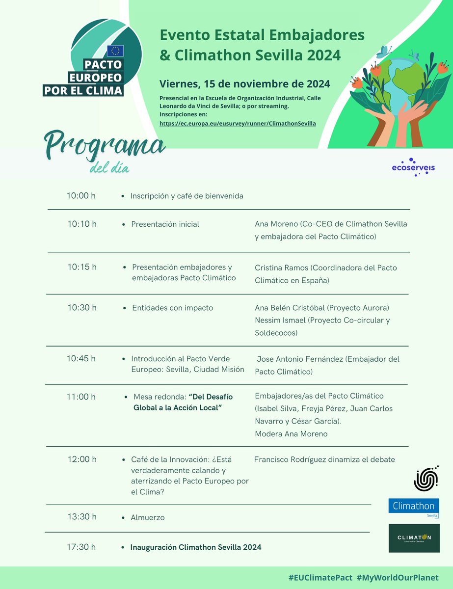 🌍📢 ¡Esto es mañana! 15 de noviembre, evento de los embajadores <a href="/ClimaticosSpain/">Embajadores Por el Pacto Climático España</a> del Pacto Climático #EUClimatePact e inauguración del #ClimathonSevilla 🙌

¡No te lo pierdas! En #Sevilla o por streaming 👇 ec.europa.eu/eusurvey/runne… #MyWorldOurPlanet