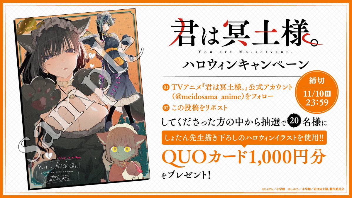 meidosama_anime's tweet photo. ❄┈┈┈┈
 TVアニメ「#君は冥土様。」
 ハロウィンキャンペーン✨
　　　　　　　　┈┈┈┈❄

抽選で2️⃣0️⃣名様に
#しょたん 先生描き下ろしイラストを
使用したQUOカードが当たる🎃

応募方法は
このアカウントをフォローして
この投稿をリポストするだけ！
⚠️11/10(日)23:59〆

お見逃しなく🐈‍⬛ https://t.co/AipaNEKBRM