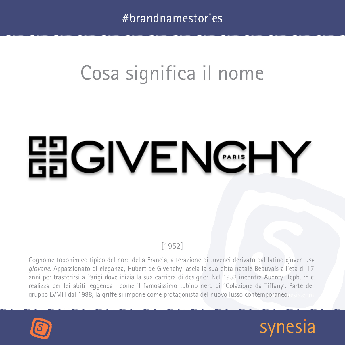 #Givenchy è un cognome toponimico tipico della francia del nord, significa che deriva dal 𝐥𝐚𝐭𝐢𝐧𝐨 «𝐣𝐮𝐯𝐞𝐧𝐭𝐮𝐬» con il significato di giovane. 
#naming #brandnaming #branding