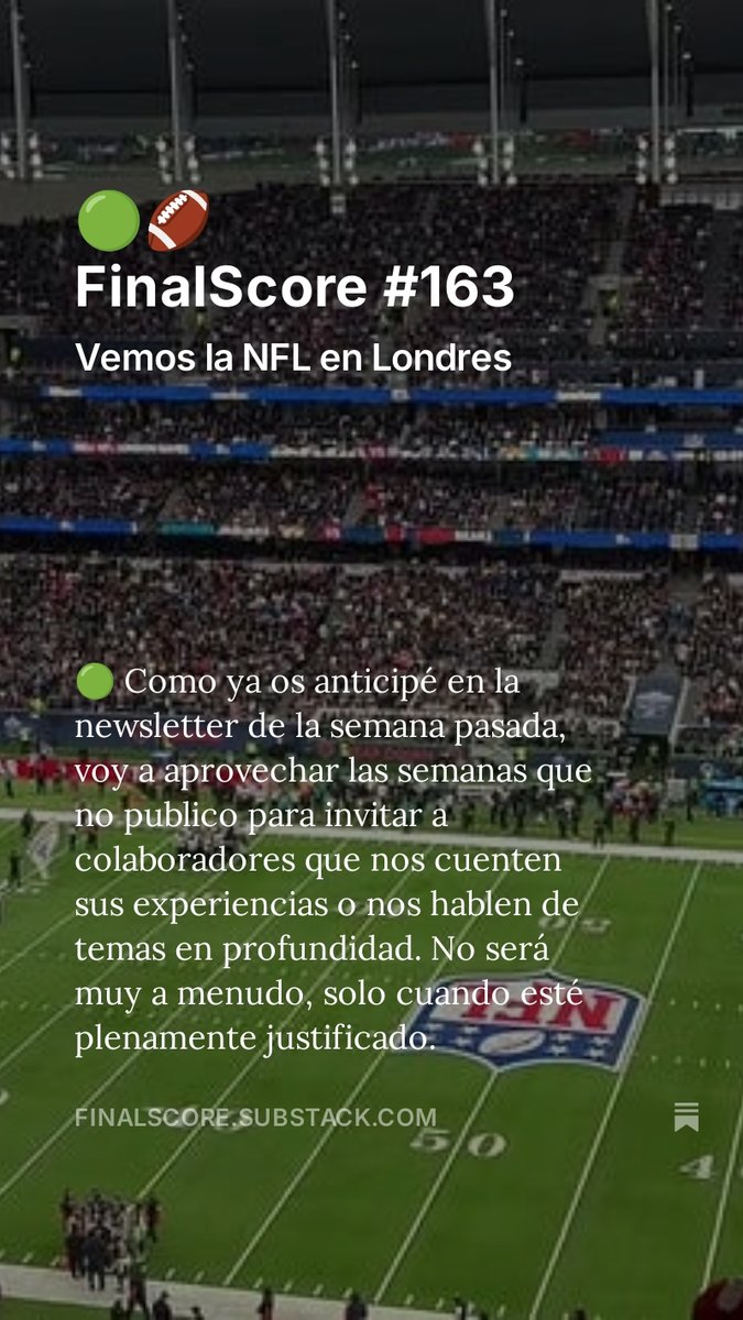 Miguel Ángel Hernández (@miguelangelh) on Twitter photo En la #newsletter de esta semana tenemos a <a href="/BaqueroDavid/">David Baquero</a> que nos cuenta su viaje a Londres para ver el partido de la #NFL entre los Jaguars y los Bears
👉 finalscore.substack.com/p/finalscore-1… En la #newsletter de esta semana tenemos a <a href="/BaqueroDavid/">David Baquero</a> que nos cuenta su viaje a Londres para ver el partido de la #NFL entre los Jaguars y los Bears
👉 finalscore.substack.com/p/finalscore-1…