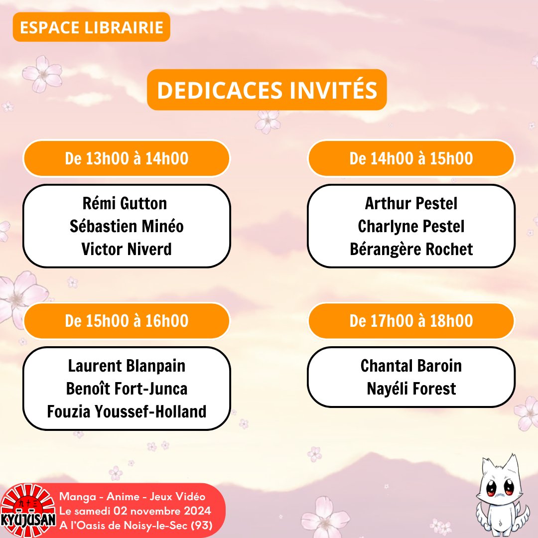 Voici les différents programmes de cette deuxième édition de Kyuu Juu San !

Quatre espaces accueillent des animations : la salle Ciel, la salle Océane, l'Oasis café et l'espace librairie. 

Pour plus d'informations :
kyuu-juu-san.com