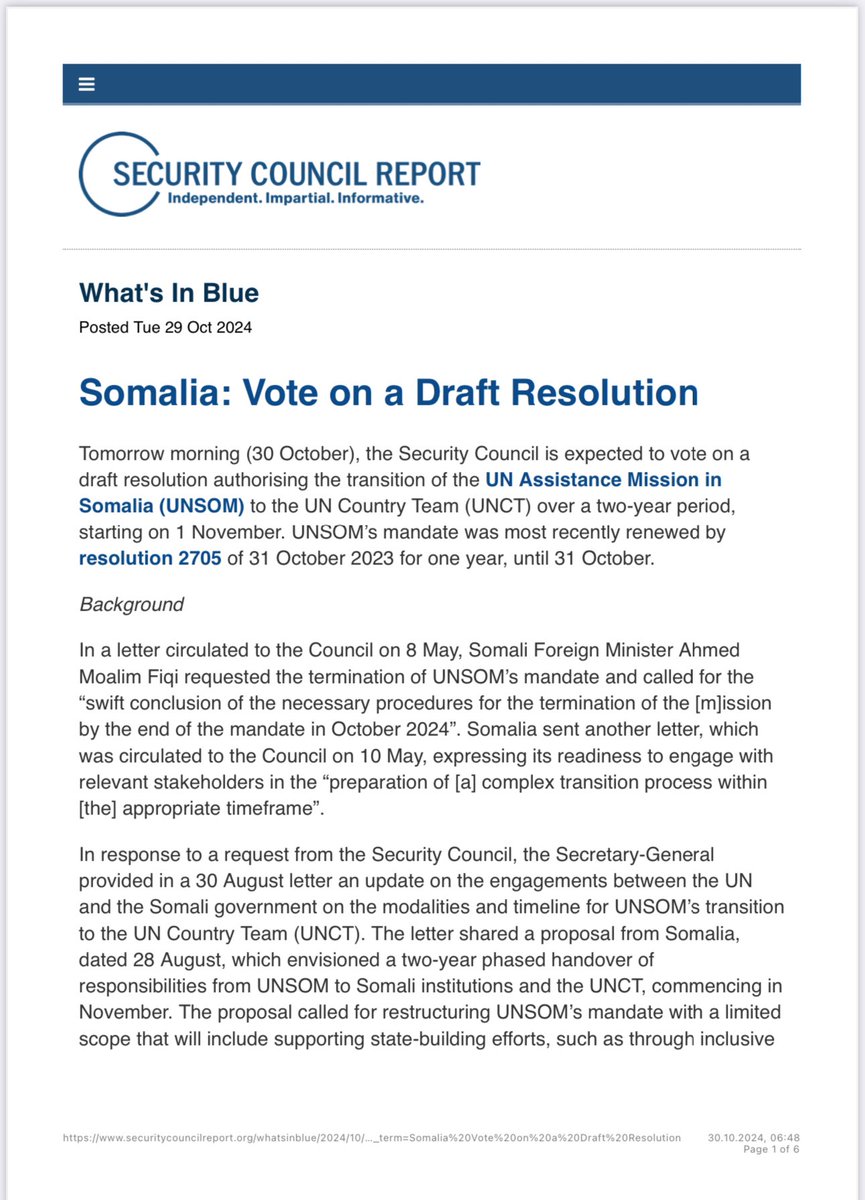 alihwarsame's tweet photo. #Somalia: 👉  
Vote on a Draft Resolution:  
👇  
Today (30 October), the Security Council is expected to vote on a draft resolution that authorizes the transition of the UN Assistance Mission in Somalia (#UNSOM) to the UN Country Team (#UNCT) over a two-year period, beginning on 1 November.  

Stay tuned!