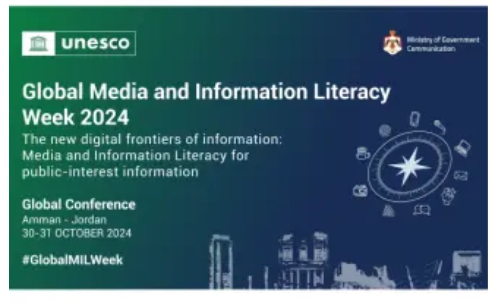 #UNESCO and #Jordan jointly host the Global Conference of Media and Information Literacy Week 2024, on 30-31 October. 

Connect with ONE CLICK to watch live here: youtube.com/live/PlTWPOEam…
 
You can also watch in English, Arabic, and French via this link unesco.org/en/articles/gl…