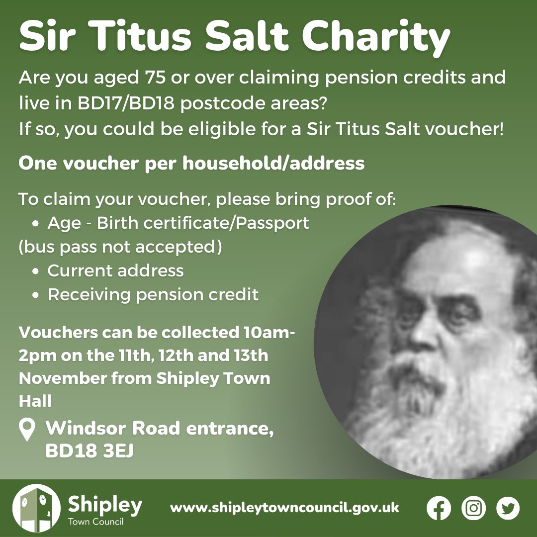 ShipleyTC's tweet photo. Important information - If you are aged 75 or over, live in BD17/18 and receive pension credit, you could eligible for a Sir Titus Salt voucher that will be given out next month.
Please do share with your networks.
#Shipley #ShipleyCommunity #Bradford https://t.co/FUTiUFoydV