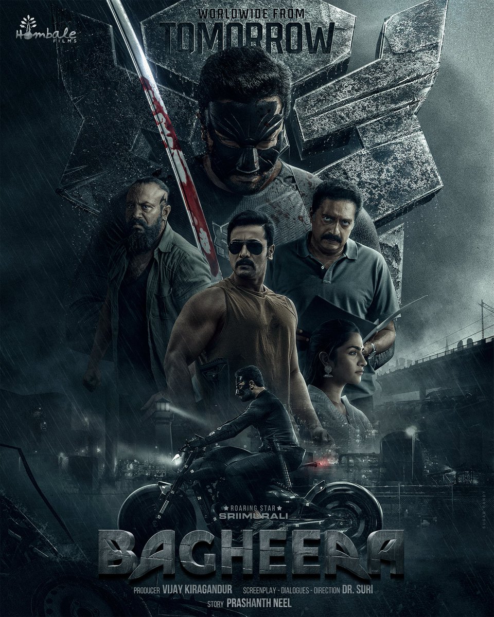 #SRIIMURALI (@srimuraliii) on Twitter photo Get ready for the fiercest ROAR of justice 💥
#Bagheera in cinemas worldwide from TOMORROW!
<a href="/SRIMURALIII/">#SRIIMURALI</a> #DrSuri #PrashanthNeel <a href="/VKiragandur/">Vijay Kiragandur</a> <a href="/rukminitweets/">rukmini</a> <a href="/AJANEESHB/">B AJANEESH LOKNATH</a> <a href="/hombalefilms/">Hombale Films</a> <a href="/ChaluveG/">Chaluve Gowda</a> <a href="/prakashraaj/">Prakash Raj</a> <a href="/GarudaRaam/">Garuda Ram</a> <a href="/aj_shetty7/">AJ shetty</a> <a href="/ChethanDsouza/">Chethan Dsouza</a> <a href="/rajakrishnan_mr/">Rajakrishnan</a> <a href="/yogigraj/">Yogi G Raj</a> Get ready for the fiercest ROAR of justice 💥
#Bagheera in cinemas worldwide from TOMORROW!
<a href="/SRIMURALIII/">#SRIIMURALI</a> #DrSuri #PrashanthNeel <a href="/VKiragandur/">Vijay Kiragandur</a> <a href="/rukminitweets/">rukmini</a> <a href="/AJANEESHB/">B AJANEESH LOKNATH</a> <a href="/hombalefilms/">Hombale Films</a> <a href="/ChaluveG/">Chaluve Gowda</a> <a href="/prakashraaj/">Prakash Raj</a> <a href="/GarudaRaam/">Garuda Ram</a> <a href="/aj_shetty7/">AJ shetty</a> <a href="/ChethanDsouza/">Chethan Dsouza</a> <a href="/rajakrishnan_mr/">Rajakrishnan</a> <a href="/yogigraj/">Yogi G Raj</a>