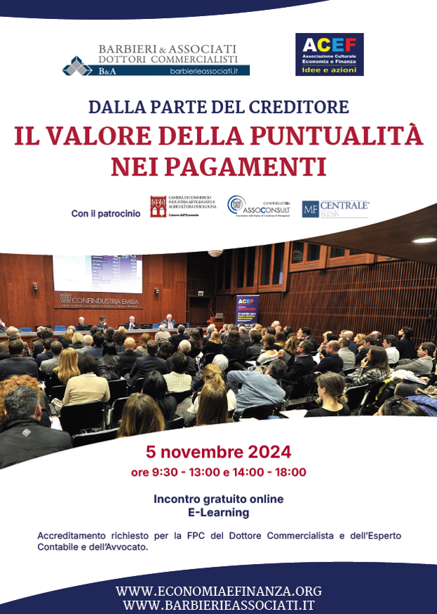 cciaa_bo's tweet image. “Dalla parte del creditore il valore della puntualità nei pagamenti” | Incontro gratuito online martedì 5 novembre sull’importanza della puntualità nei pagamenti, e dell'influenza positiva su relazioni commerciali e salute finanziaria di aziende e sistema
bo.camcom.gov.it/it/blog/dalla-…
