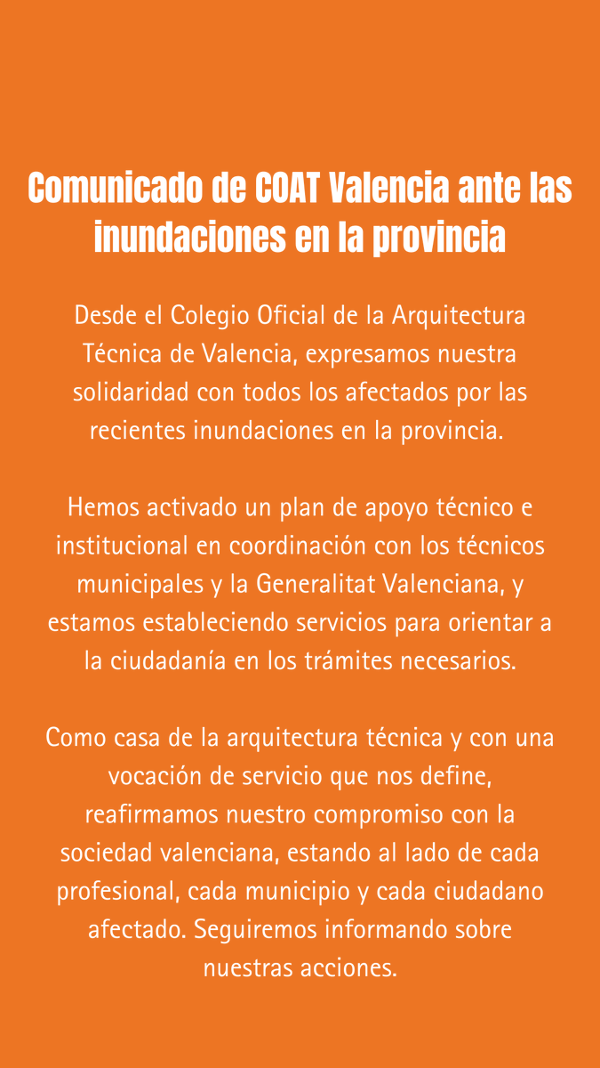 COATValencia's tweet photo. Comunicado de COAT Valencia ante las inundaciones en la provincia. https://t.co/RxwSUNl5fh