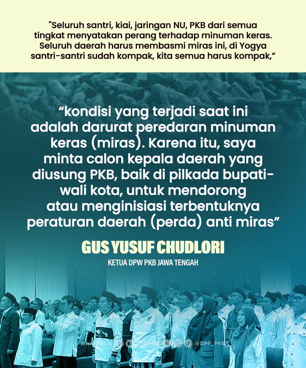 DPP_PKB's tweet photo. PKB Jawa Tengah deklarasikan darurat miras! Gus Yusuf @yusuf_ch serukan perda anti-miras di daerah untuk melawan pengaruh buruk minuman keras. Saatnya bertindak demi keselamatan generasi bangsa ๐
#PKBuntukSemua #AntiMiras https://t.co/n6MX8g2Dic
