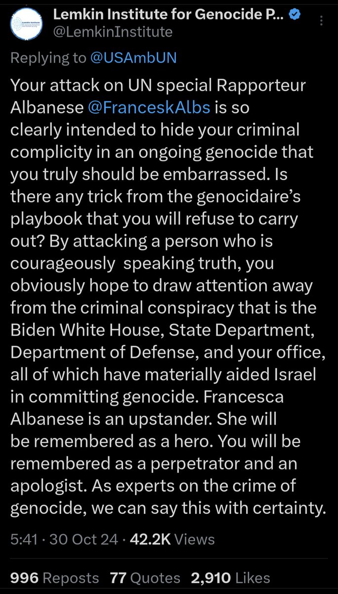 Imagine having this said to you by the Lemkin Institute for Genocide Prevention.