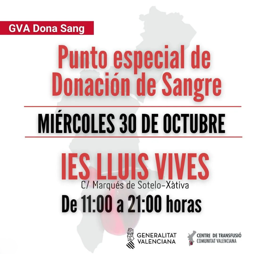 GVAsanitat's tweet image. ⚠️@GVAdonasang habilita, hoy miércoles, 30 de octubre un punto especial de donanción en:

📌 Instituto Luis Vives de Valencia (C./Xàtiva, 11) de 11 a 21horas de forma ininterrumpida